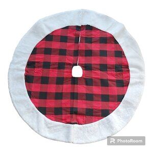 Nwot Medium Buffalo Plaid Red/Black Christmas Tree Skirt W/Faux Fur Trim-34.5 In